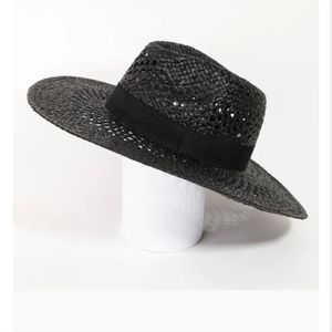 NWT Stella Black Straw Weave Flat Rim Fedora Sun Hat